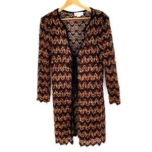 Vintage Megan Lee Sweater Size 14 Crochet Tie Front Multicolor Ragged Hem USA